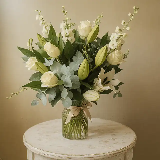 White Rose & Lily Vase 1 A hand-crafted white rose and lily bouquet arranged with fresh green leaves in a soft natural light setting.