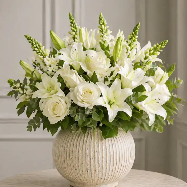 Elegant White Lily and Rose Sympathy Vase Arrangement 1 Sympathy Flowers in Vase