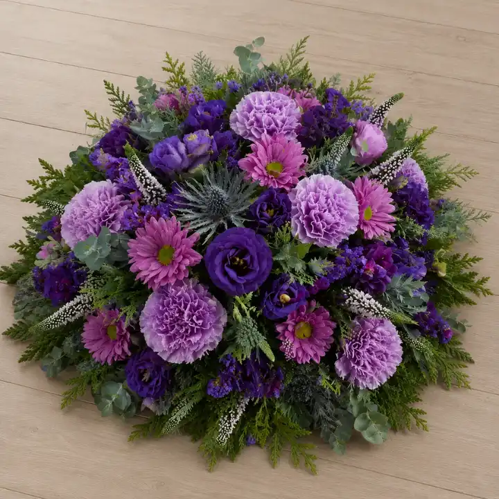 Vibrant Purple Carnation and Lisianthus Funeral Posy with Blue Thistle 1 Vibrant Purple Carnation and Lisianthus Funeral Posy with Blue Thistle , purple gerbera, Statice , Veronica,