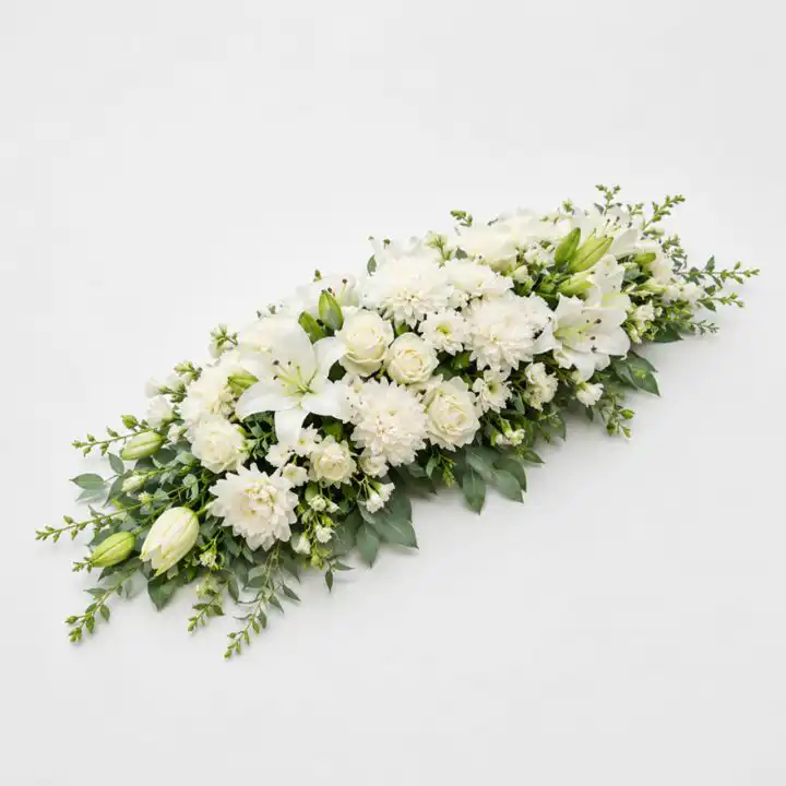 White Chrysanthemum and Lily Coffin Spray With Rose 2 White Chrysanthemum and Lily Coffin Spray With Rose - Image 2