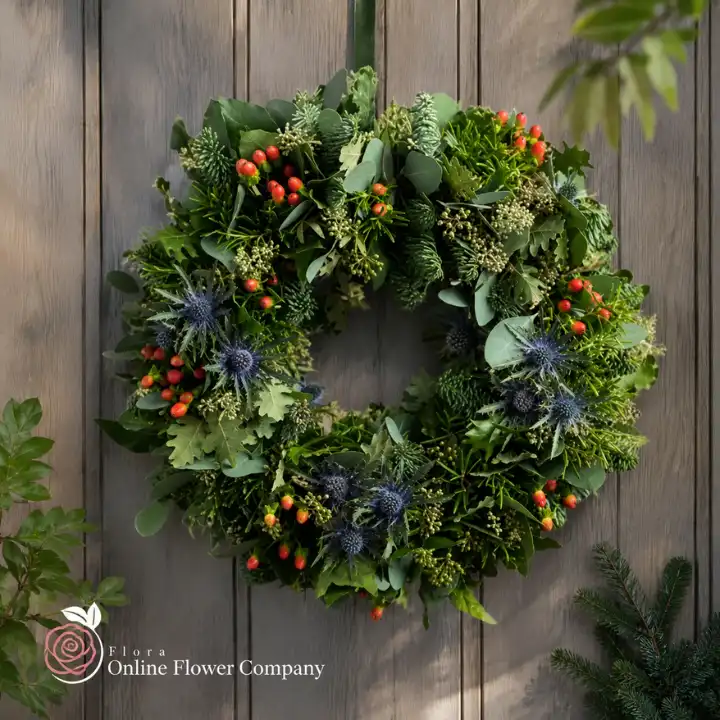 Rustic Blue Thistle & Berry Door Wreath 1 flower door wreath