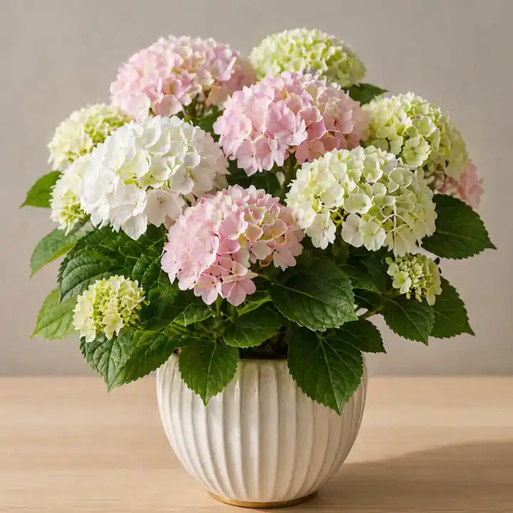 White Hydrangea in Rustic Stone Pot 1 white hydrangea plant