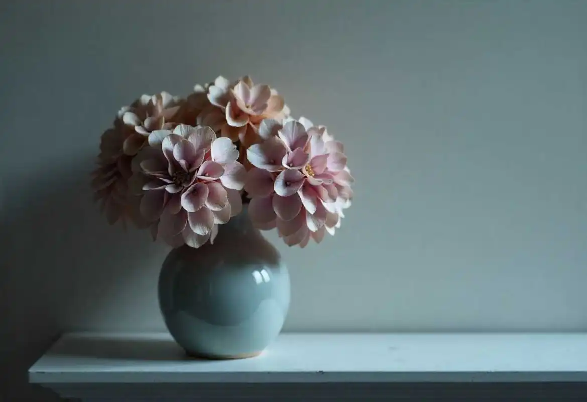How to Dry Hydrangea Flowers: A Simple Step-by-Step Guide 2 A beautiful arrangement of successfully dried, light pink and peach Hydrangea blooms displayed in a delicate vase, demonstrating the outcome of learning How to Dry Hydrangea Flowers.
