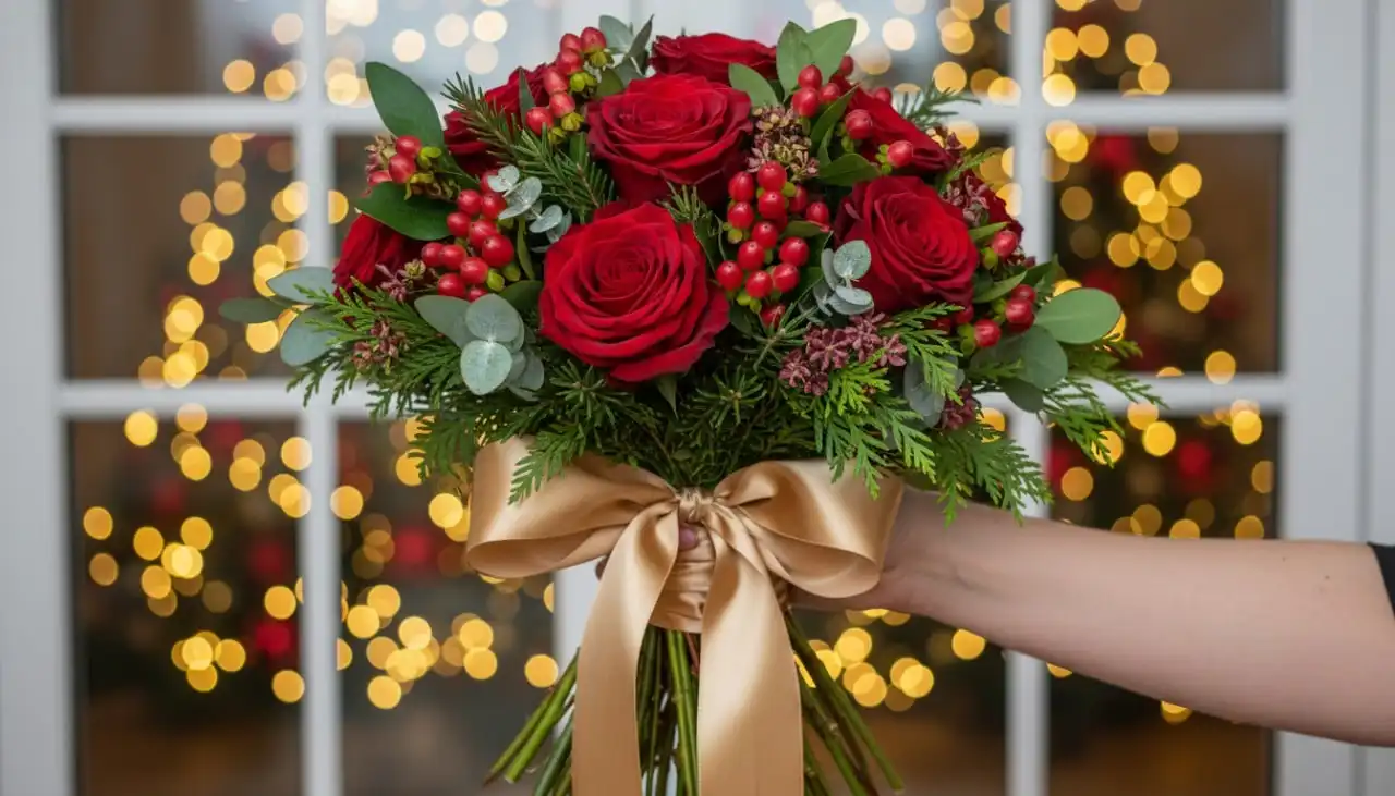 Christmas Flower Arrangements Glasgow – The Complete Festive Guide 3 Red and gold Christmas bouquet – holiday flowers Glasgow