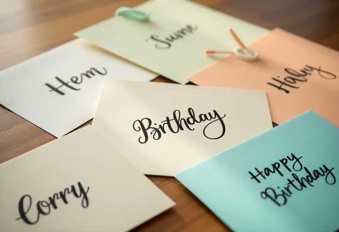 What To Write On A Birthday Card 1 A collection of pastel-colored cards with different handwritten names and greetings, offering ideas for What to Write on a Birthday Card.