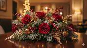 A Complete Guide to Christmas Flowers in Glasgow with Next-Day Delivery 2 A lavish bouquet of red roses, white accents, and winter foliage resting on a foggy Glasgow doorstep, highlighting Luxury Christmas Flowers Glasgow delivery service.