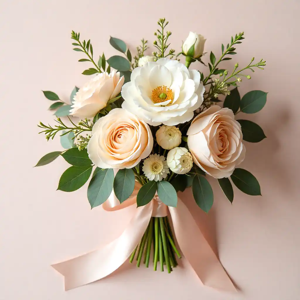 Blog 20 DIY wedding bouquet flowers arranged flat-lay with ribbon and greenery.
