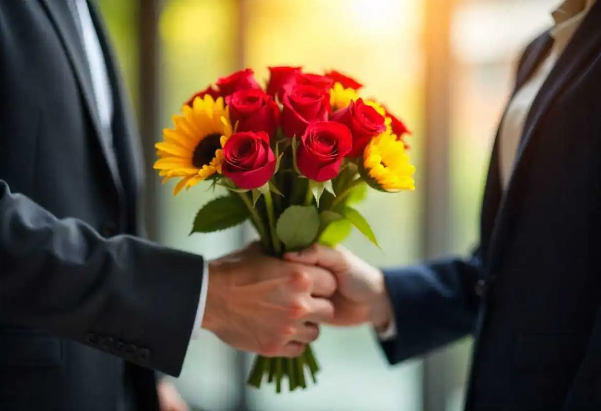 Send Congratulations with Flowers – Thoughtful Bouquets for Every Celebration 1 Hand delivering vibrant congratulations bouquet to person in office setting