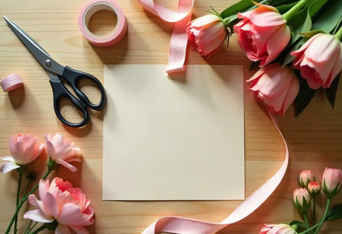 Tools and supplies laid out on a wooden table, including shears, ribbon, tape, and flowers, necessary for How to Make Your Own Flower Wedding Bouquet.