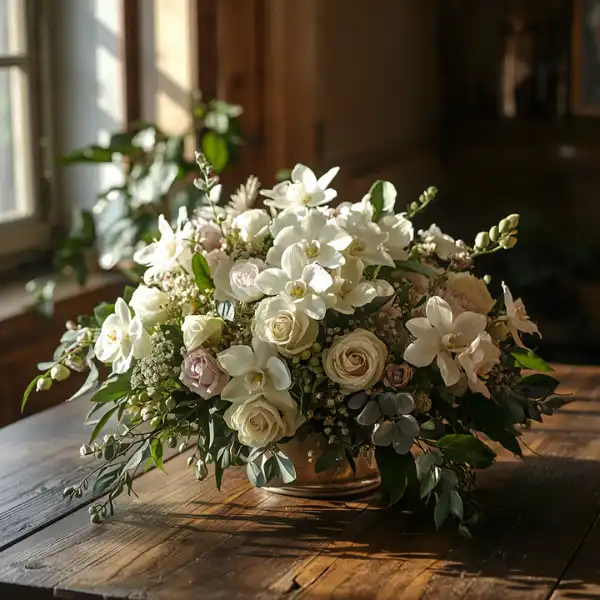 White, roses, cream, lilies, orchids bouquet