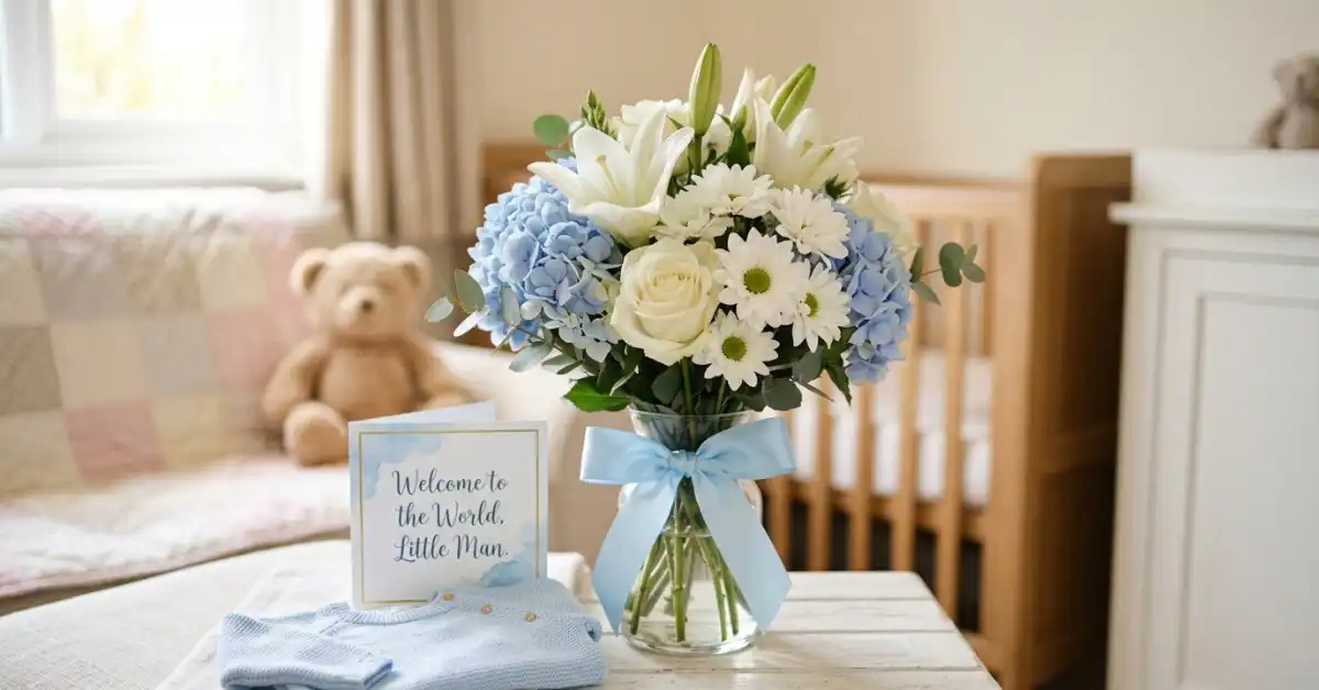 Blog 21 Light blue white hydrangeas lilies baby boy flowers bouquet