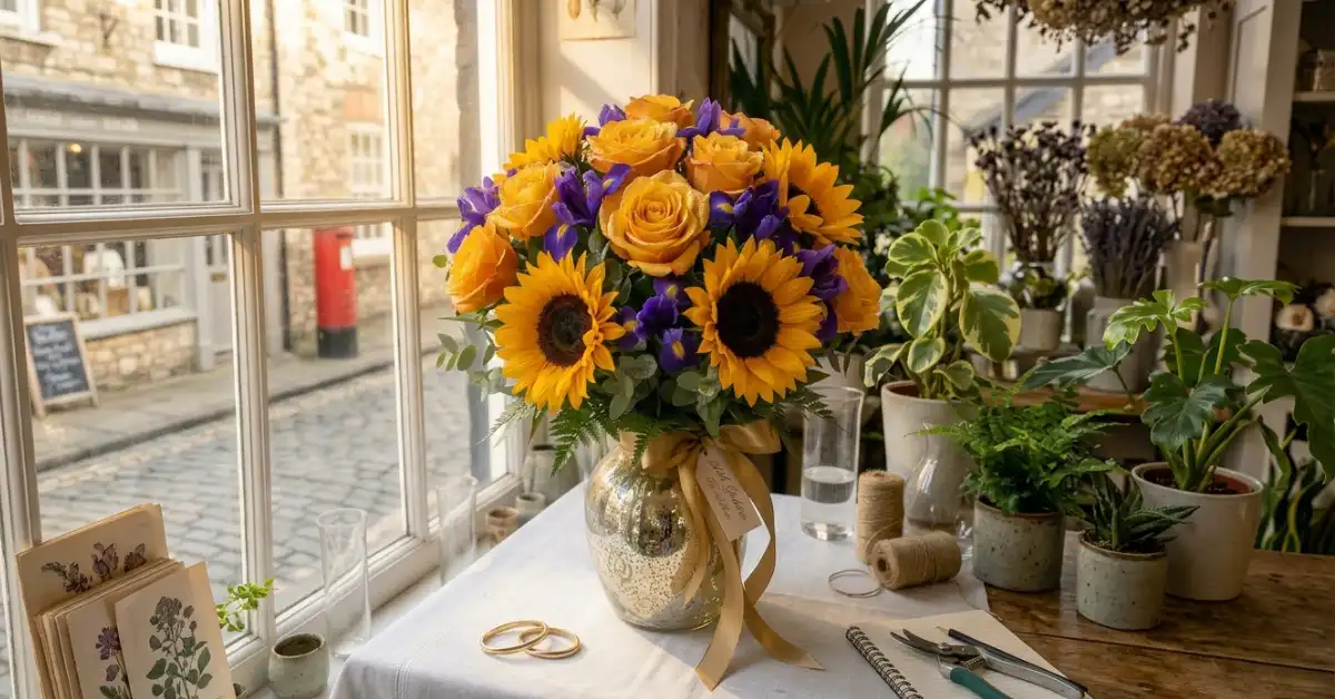 Yellow roses violets golden anniversary flowers 50th UK bouquet luxury