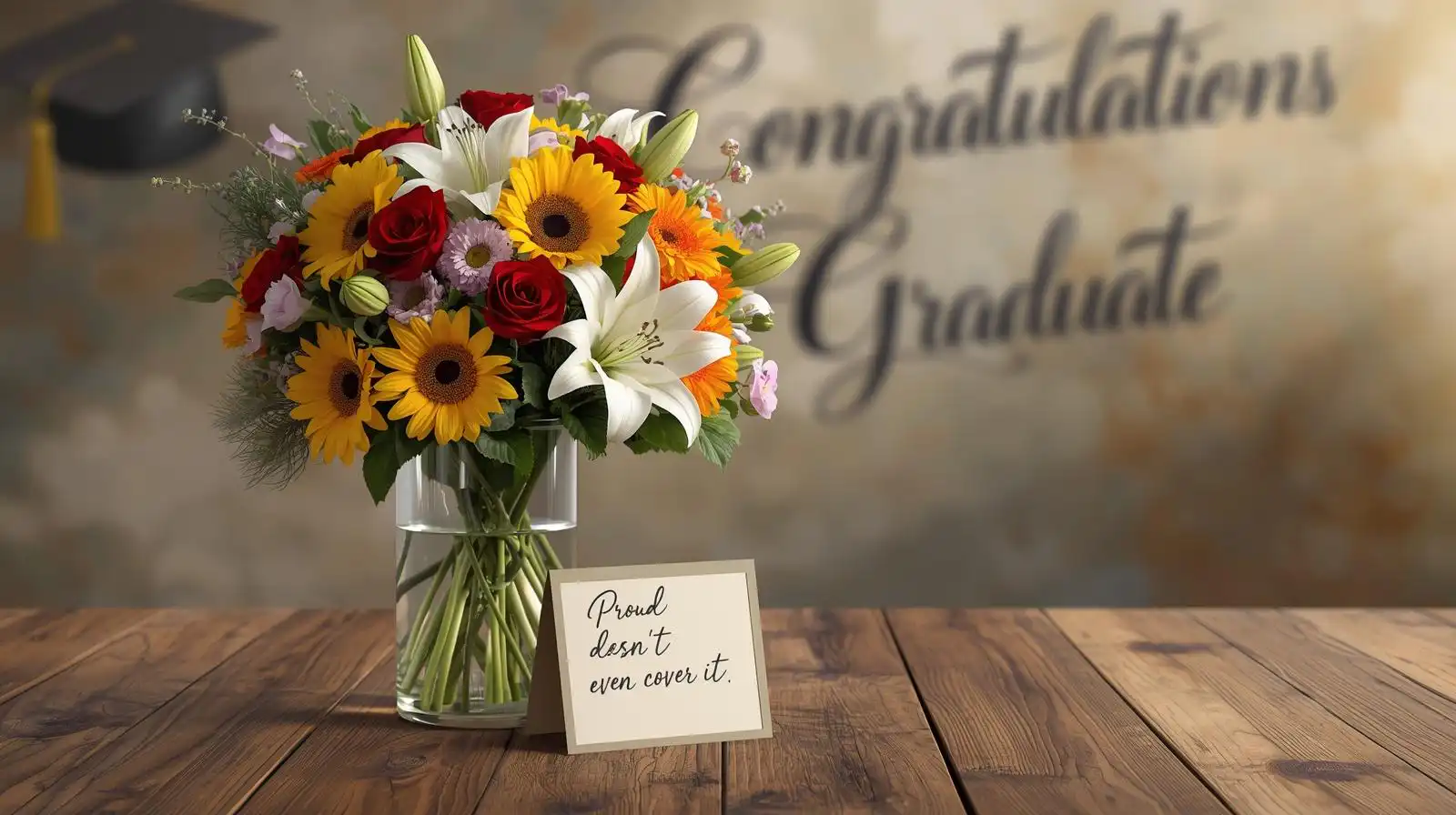 Blog 17 Mixed roses sunflowers lilies graduation bouquet with handwritten message card