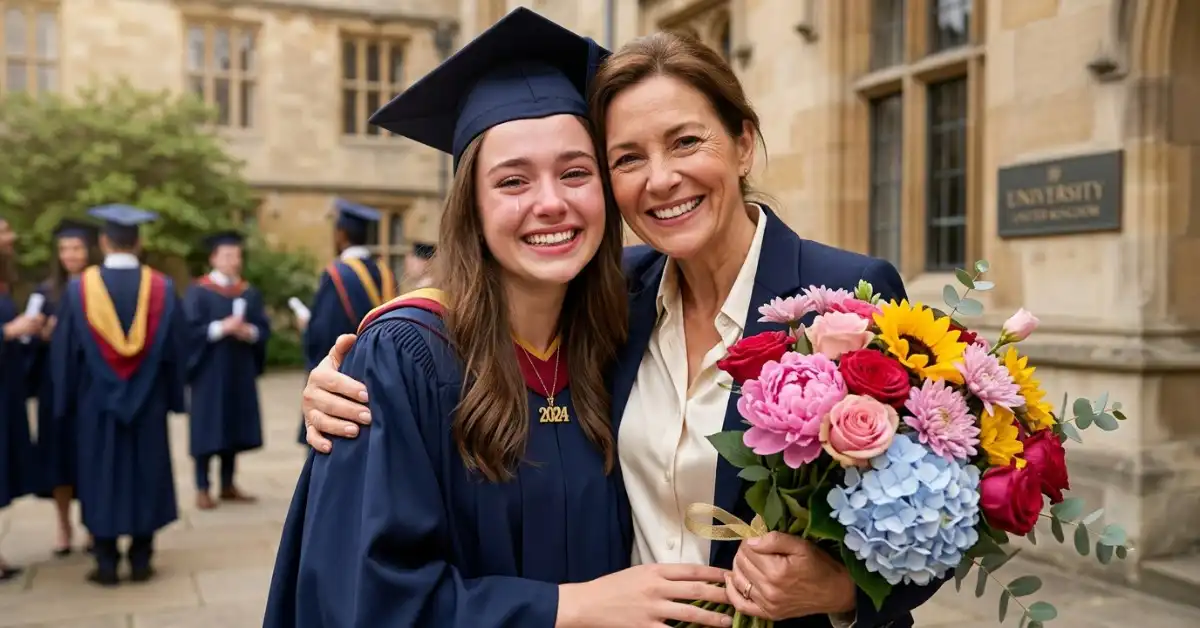 Blog 18 Pink roses peonies sunflowers graduation bouquet from proud mum to daughter