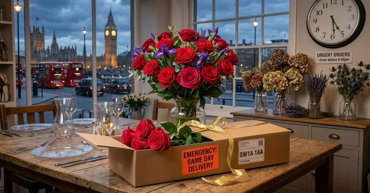 Emergency same day red roses anniversary flowers UK delivery London