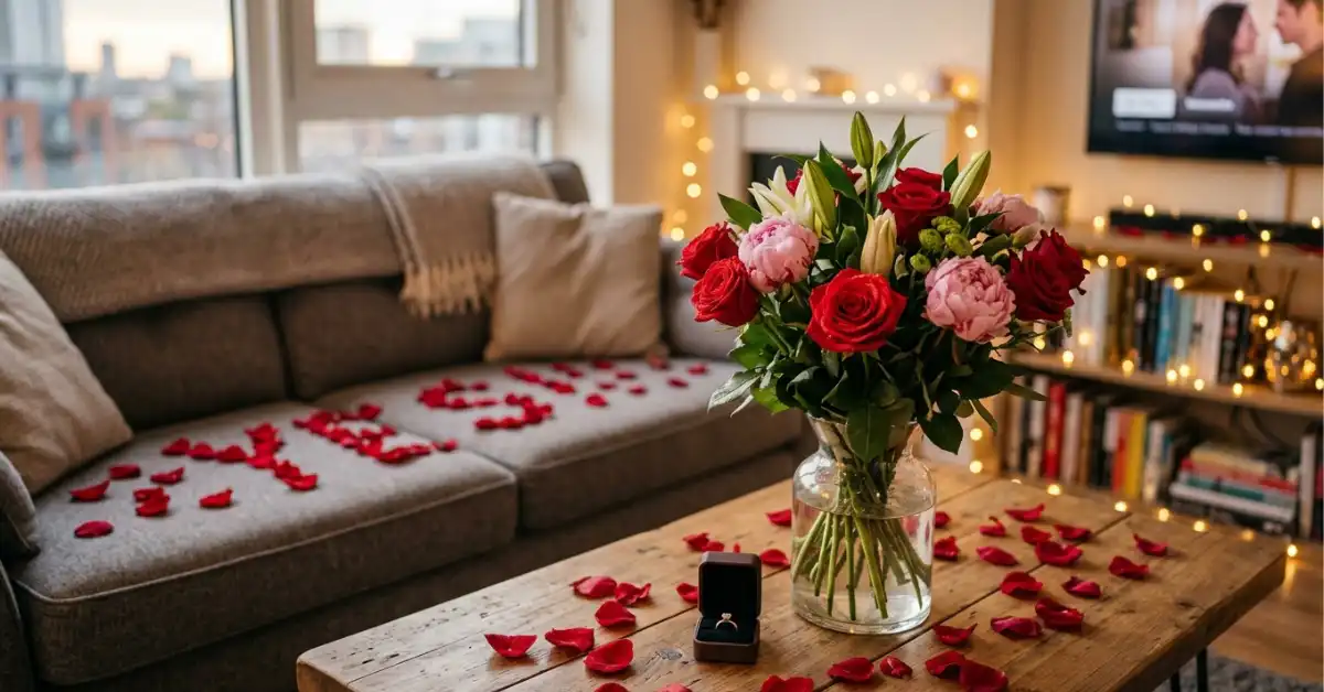 Blog 26 Red roses peonies lilies proposal flowers at home UK living room setup