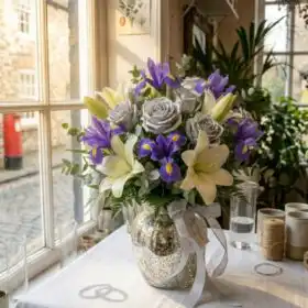 Luxury purple irises white lilies silver anniversary flowers UK 25th bouquet